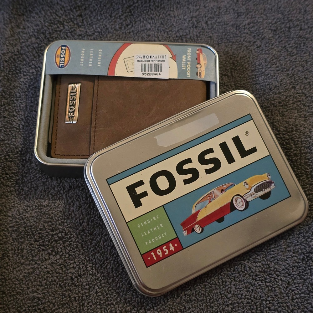 Fossil Wallet OS Front Pocket Mens Brown Leather Bifold Money Clip Cruiser Tin